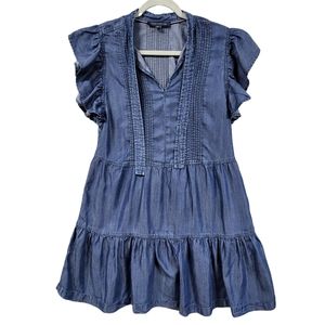 Tommy Hilfiger Women's Blue Chambray Tie Neck Flutter Sleeve Short Dress Size 4